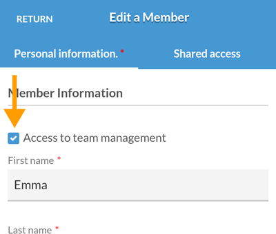 Mobile version - Access to team management rights