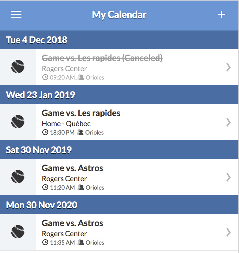 sport team app calendar canceld event exemple